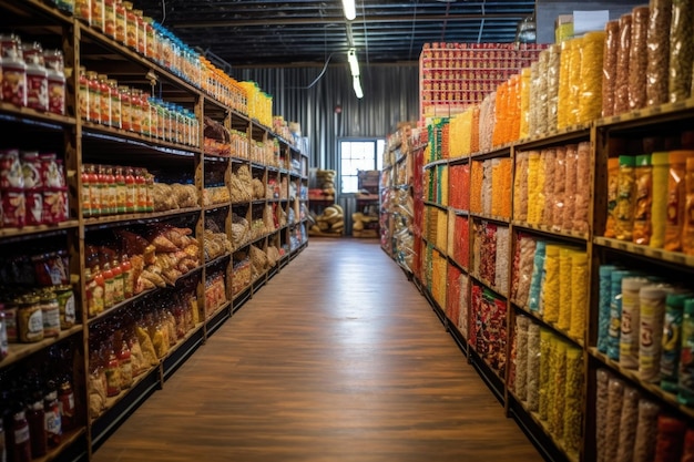File di prodotti alimentari finiti confezionati in magazzino creati con l'intelligenza artificiale generativa