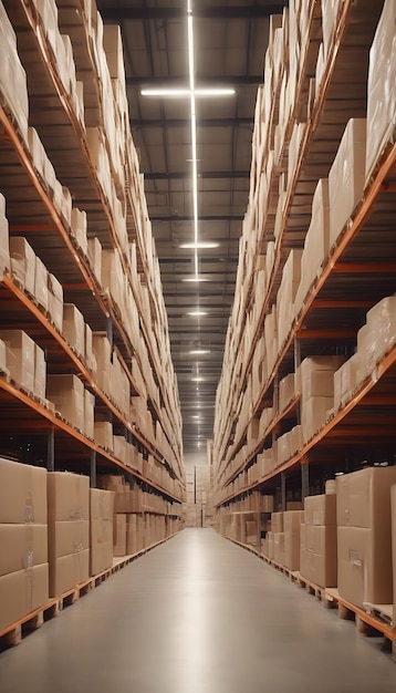 File di scaffali con scatole di merci nel moderno magazzino industriale Ai generativo