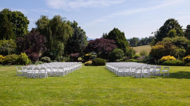 File di sedie in legno allestite per il matrimonio