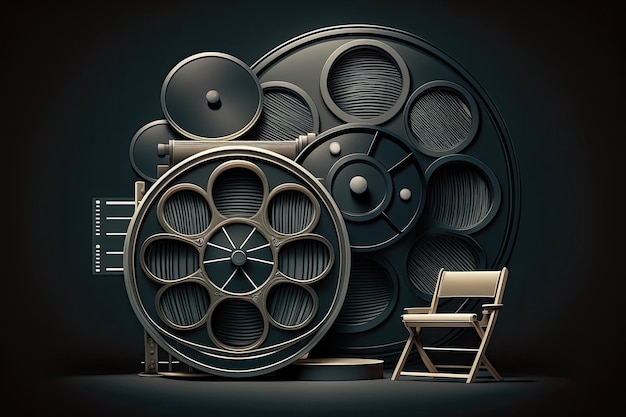 File di sedili cinematografici rossi con una bobina di film e un secchio di popcorn in primo piano che invitano lo spettatore a sedersi e godersi lo spettacolo Generato dall'IA