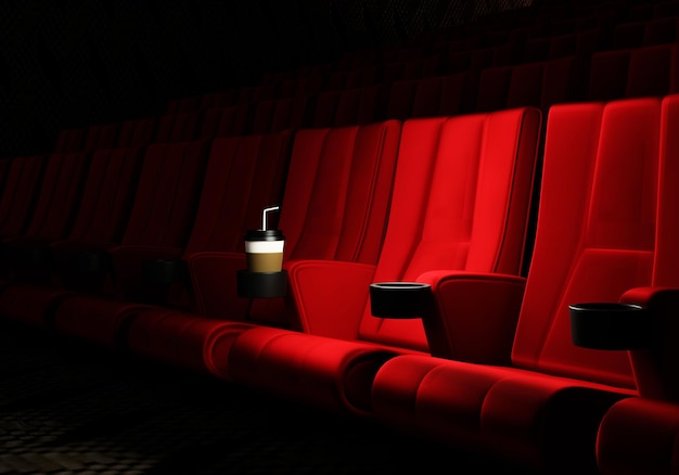 File di sedili in velluto rosso per guardare film al cinema con spazio per la copia sfondo banner Concetto di intrattenimento e teatro Rendering di illustrazioni 3D