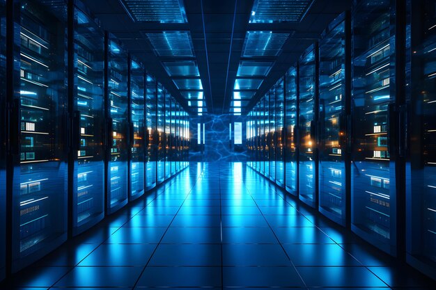 File di server in un data center illuminati da luci blu