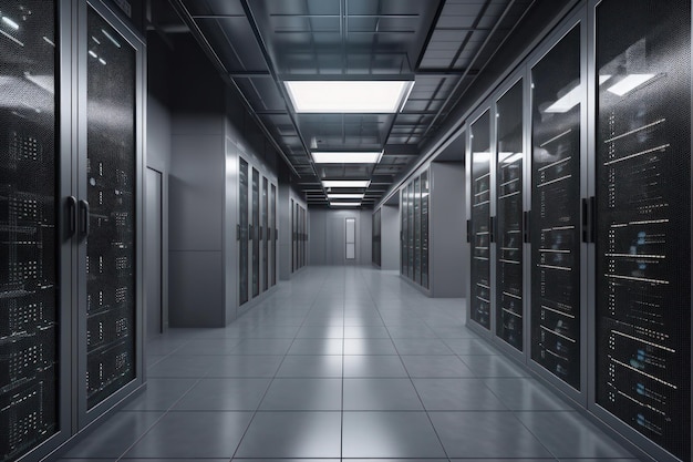 File di server rack in un corridoio del data center