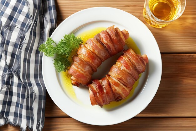 Filetti avvolti in pancetta con bevanda per il pranzo sul tavolo di legno nella confortevole sala da pranzo