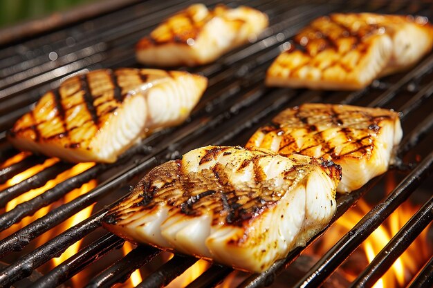 Filetti di pesce crudo alla griglia su un barbecue con fumo che si alza