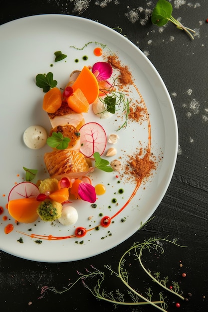 Filetti di salmone gourmet accompagnati da salsa purata e verdure fresche guarnite di spezie su un piatto bianco incontaminato