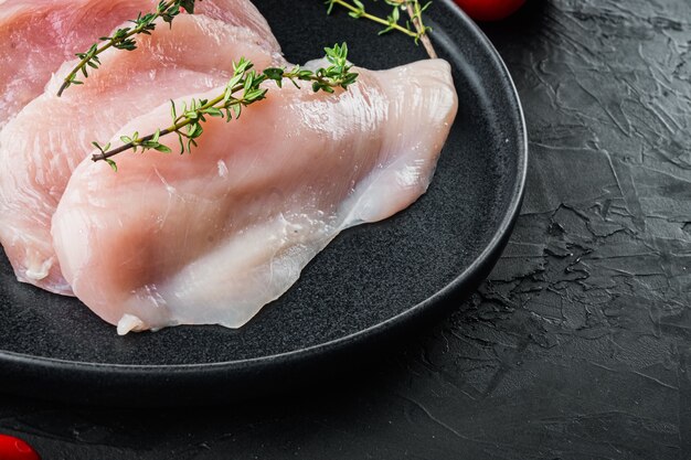 Filetto crudo di filetto di pollo, sulla tavola nera