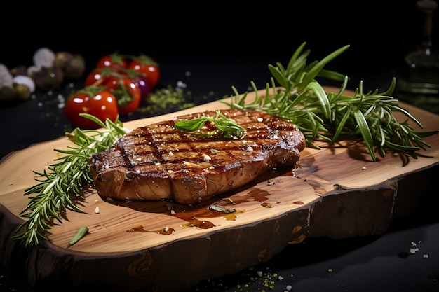 Filetto di bistecca arrostita con erbe e spezie servito con verdure su tavola di legno