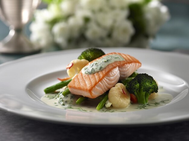 Filetto di bistecca di salmone e guarnito con broccoli giovani Menu del ristorante una serie di AI generativa di ph