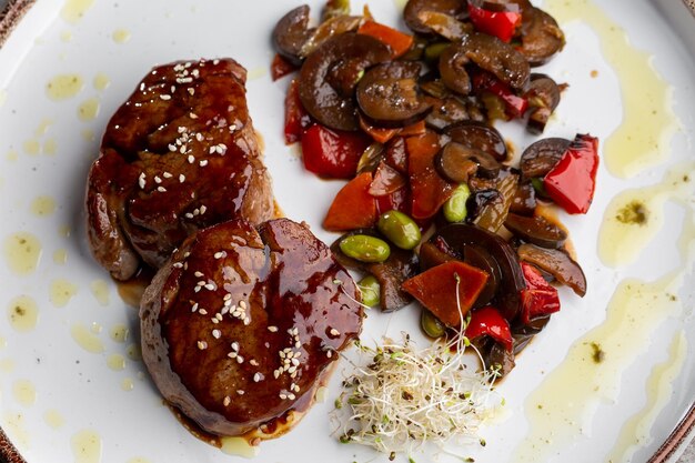 Filetto di carne alla griglia avvolto in medaglioni di pancetta con salsa di lamponi servito con verdure e funghi