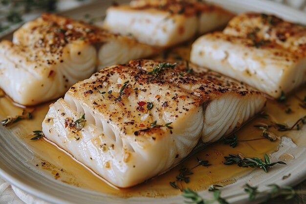 Filetto di halibut cotto sul piatto da tavola della cucina fotografia alimentare pubblicitaria professionale