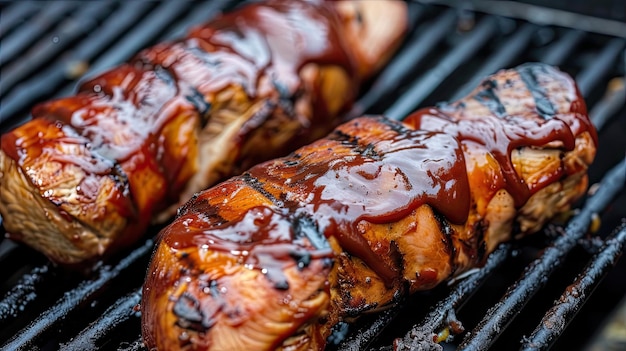 Filetto di maiale marinato in una salsa barbecue piccante e griglia medio rara prelibatezza appetitosa cibo estetica difficile da preparare eccellenza culinaria concetto di sofisticazione generato da AI