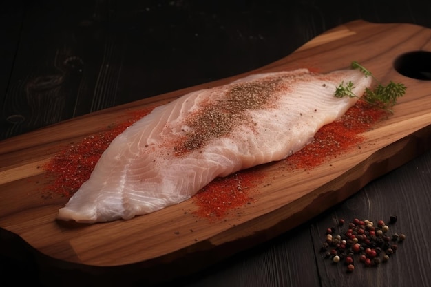 Filetto di pesce su una tavola di legno IA generativa