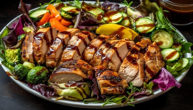 Filetto di petto di pollo alla griglia con piatto di insalata di verdure fresche generato da AI