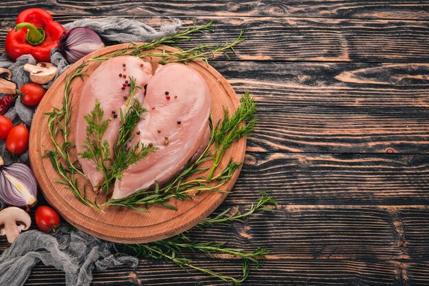 Filetto di petto di pollo crudo con verdure fresche e rosmarino e spezie su fondo di legno nero Vista dall'alto Spazio libero per il testo