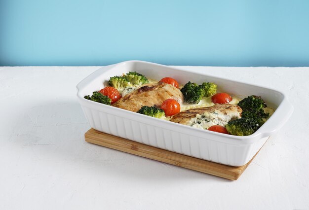 Filetto di pollo al forno con broccoli e pomodori in una forma bianca su sfondo blu della parete dieta cheto ...