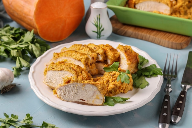 Filetto di pollo al forno con salsa di zucca sul piatto bianco. Spuntino delizioso e salutare. Concetto di cibo sano.