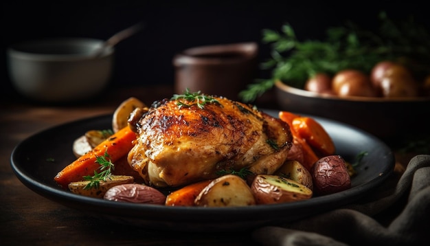 Filetto di pollo alla griglia con verdure arrostite su piatto di legno rustico generato da AI