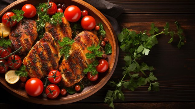 filetto di pollo cotto con pomodori in cima all'interno del piatto contro uno sfondo di legno vista in alto