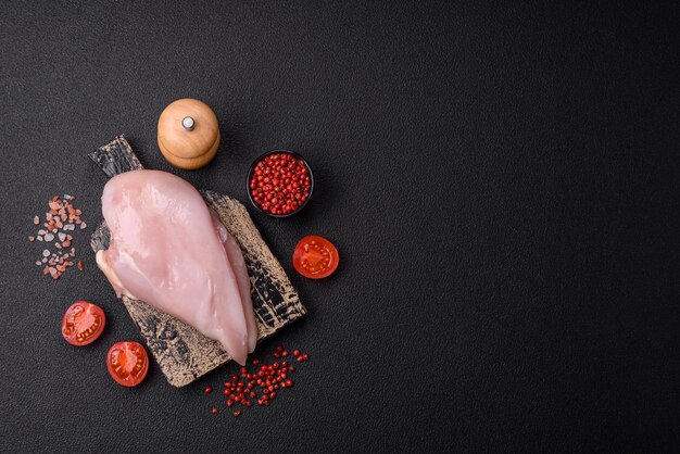 Filetto di pollo fresco su un tavolo di cemento scuro con spezie ed erbe