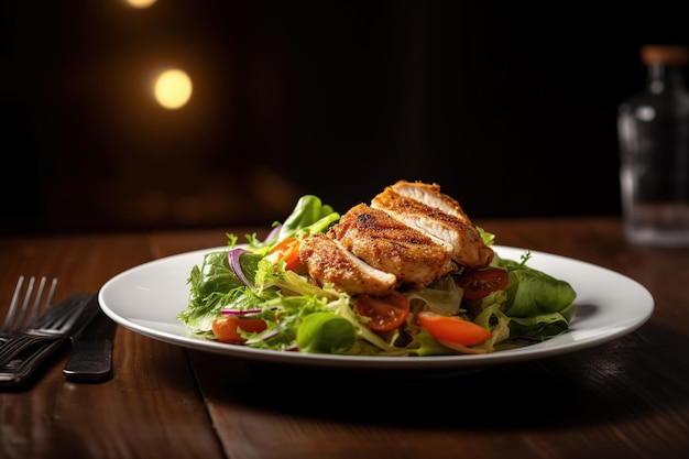 Filetto di pollo fritto con insalata in un piatto bianco su un tavolo in un caffè