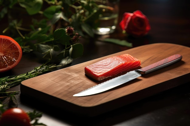 Filetto di salmone a bordo con erbe che preparano un pasto gourmet