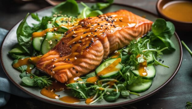 Filetto di salmone alla griglia con insalata di cetrioli biologici e salsa di sesamo generata dall'IA