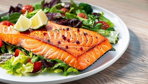 Filetto di salmone alla griglia con insalata di verdure fresche