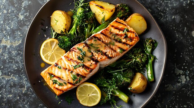 Filetto di salmone alla griglia con patate ed erbe vegetali su un piatto