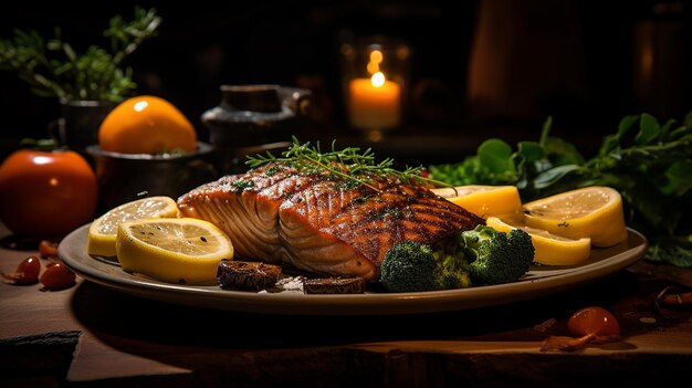 Filetto di salmone alla griglia con pomodori alla ciliegia e salsa all'aglio al limone