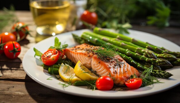 Filetto di salmone alla griglia con pomodoro di asparagi e insalata generata dall'AI