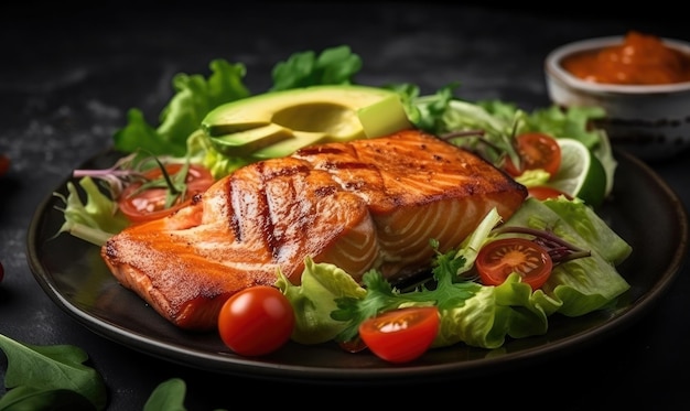 Filetto di salmone alla griglia e insalata di pomodori vegetali di lattuga verde fresca con guacamole di avocado AI generativo