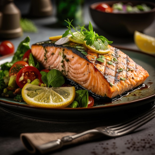 Filetto di salmone alla griglia e lattuga verde fresca AI generativa