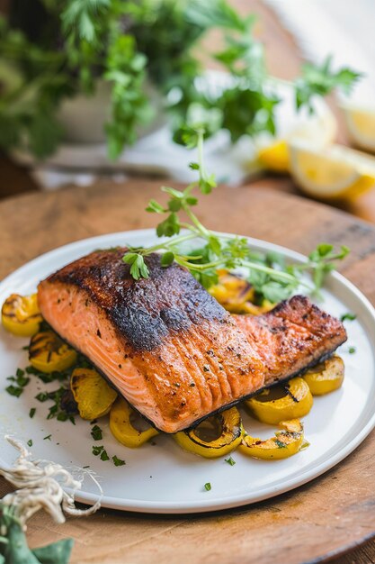 Filetto di salmone annerito alla griglia con zucca di noce al griglio