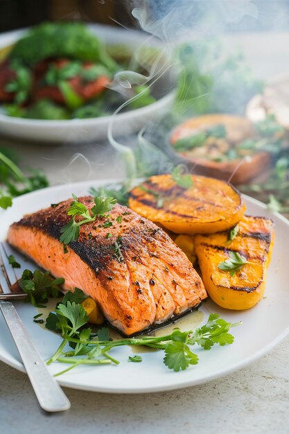 Filetto di salmone annerito alla griglia con zucca di noce al griglio