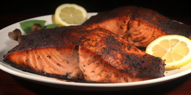 filetto di salmone arrostito su piatto di porcellana bianca e limoni di accompagnamento