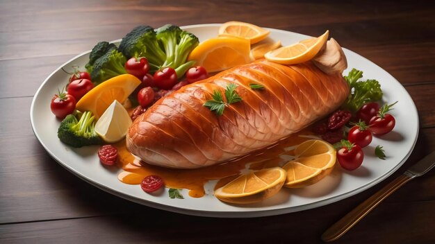 Filetto di salmone con verdure su tavolo di legno Alimento sano generativo ai