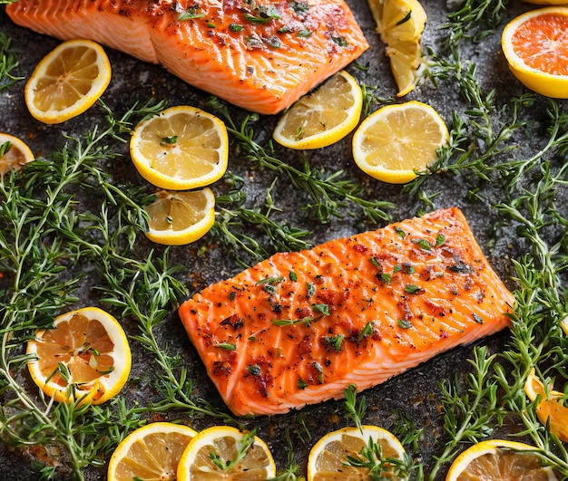 Filetto di salmone con vista dall'alto di limone e rosmarino