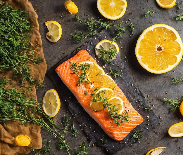 Filetto di salmone con vista dall'alto di limone e rosmarino