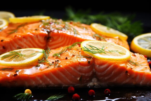 Filetto di salmone crudo con fette di limone su sfondo nero