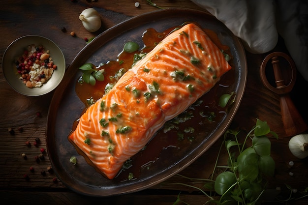 Filetto di salmone fresco con fettine di limone ed erbe sopra di esso su un piatto nero