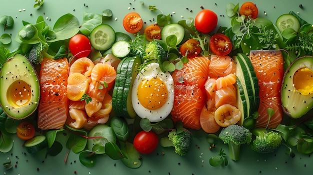 Filetto di salmone fresco con verdure e uova su sfondo verde vista dall'alto