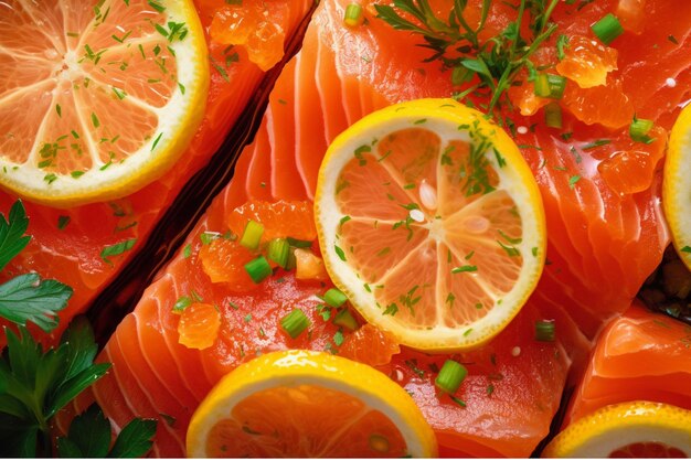 Filetto di salmone fresco sulla banda nera con limone ed erbe aromatiche su sfondo nero