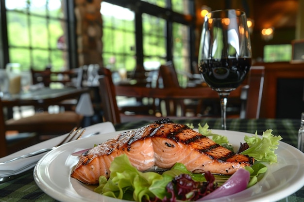 Filetto di salmone grigliato su un letto di verdi