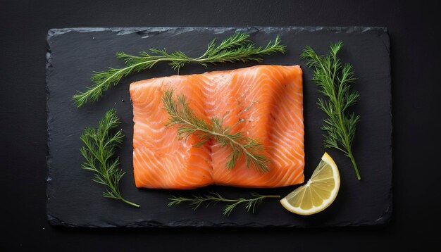 Filetto di salmone nordico Gravlax con aneto sullo sfondo nero