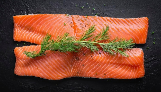 Filetto di salmone nordico Gravlax con aneto sullo sfondo nero