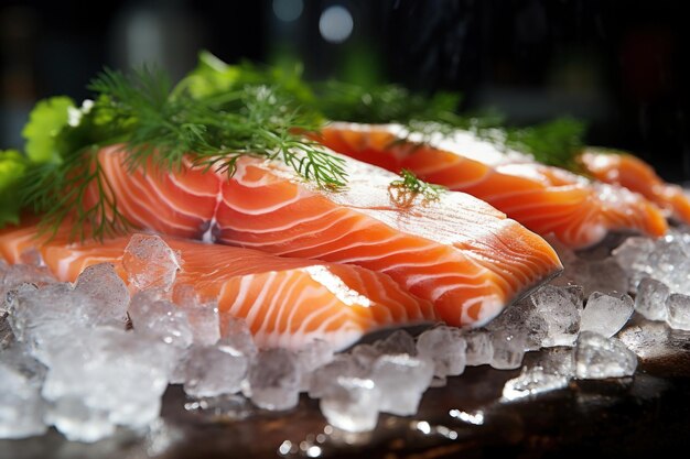 Filetto di salmone raffreddato con erbe di primo piano Concetto pubblicitario di pesce dietetico fresco