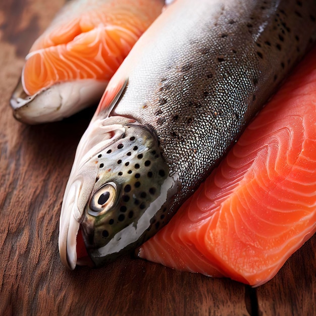 Filetto di salmone trota su sfondo di legno