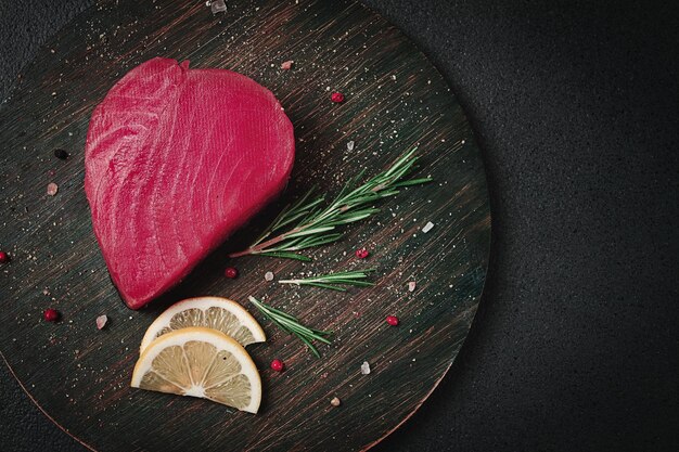 filetto di tonno rosso fresco per bistecca vista dall'alto crudo su un tavolo da taglio senza persone