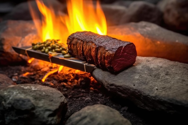 Filetto di veneta che si brucia su una roccia calda accanto al fuoco di campo creato con ai generativo